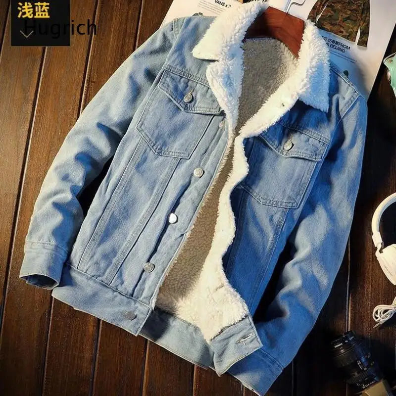 Light Blue Sherpa Fleece Lined Denim Trucker Jacket Men Warm Thick Winter Lapel Collar Streetwear Jean Coat