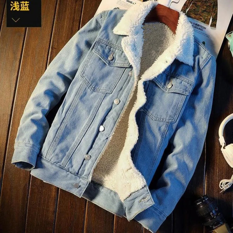 Light Blue Sherpa Fleece Lined Denim Trucker Jacket Men Warm Thick Winter Lapel Collar Streetwear Jean Coat