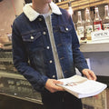 Light Blue Sherpa Fleece Lined Denim Trucker Jacket Men Warm Thick Winter Lapel Collar Streetwear Jean Coat