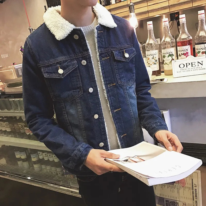 Light Blue Sherpa Fleece Lined Denim Trucker Jacket Men Warm Thick Winter Lapel Collar Streetwear Jean Coat