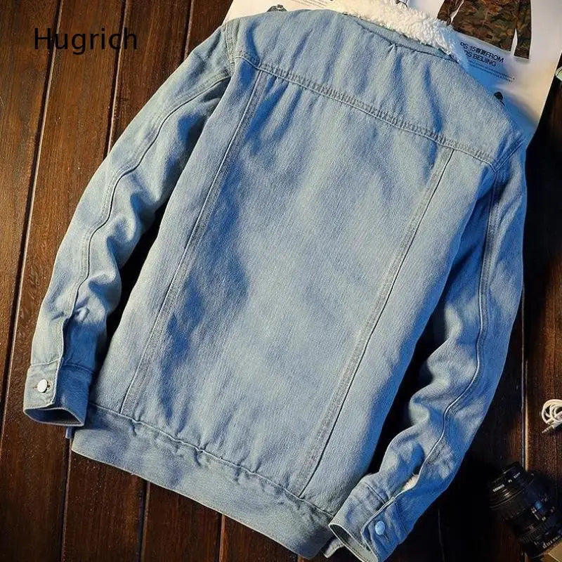 Light Blue Sherpa Fleece Lined Denim Trucker Jacket Men Warm Thick Winter Lapel Collar Streetwear Jean Coat