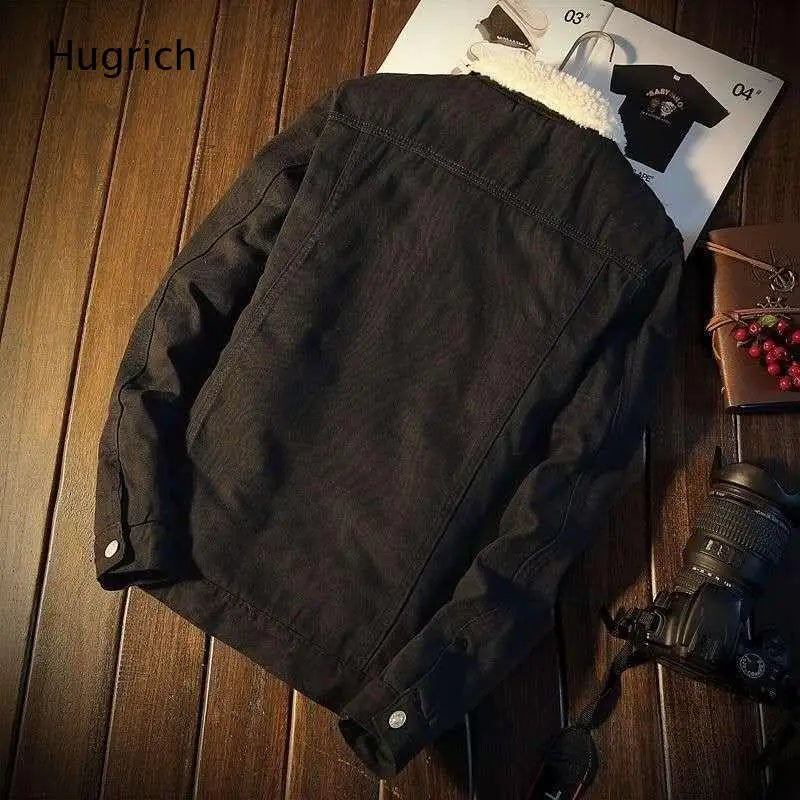 Light Blue Sherpa Fleece Lined Denim Trucker Jacket Men Warm Thick Winter Lapel Collar Streetwear Jean Coat