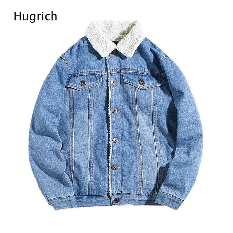 Light Blue Sherpa Fleece Lined Denim Trucker Jacket Men Warm Thick Winter Lapel Collar Streetwear Jean Coat