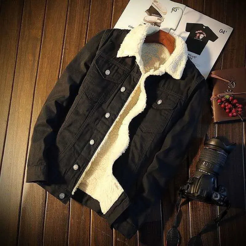 Light Blue Sherpa Fleece Lined Denim Trucker Jacket Men Warm Thick Winter Lapel Collar Streetwear Jean Coat